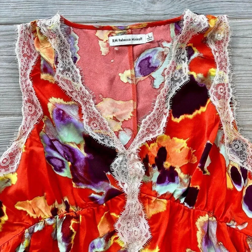 Rebecca Minkoff Women's Multicolor Allover Print Sleeveless Lace Trim Top‎ Large - Picture 3 of 7
